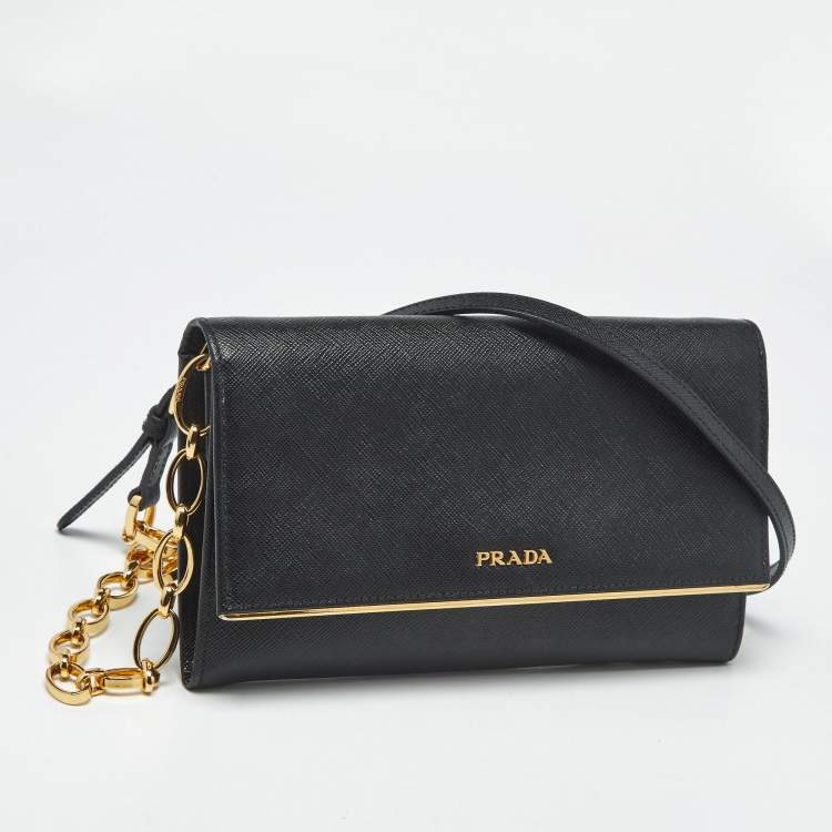 Pre Owned Prada Black Saffiano Lux Leather Metal Bar Flap Clutch