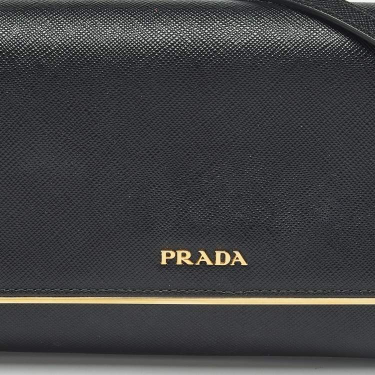 Pre Owned Prada Black Saffiano Lux Leather Metal Bar Flap Clutch