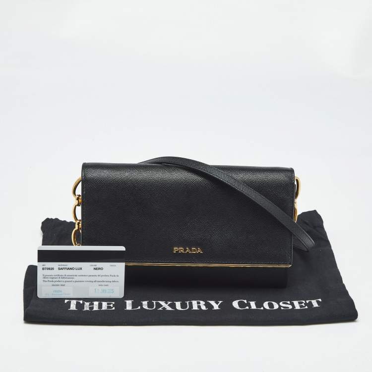 Pre Owned Prada Black Saffiano Lux Leather Metal Bar Flap Clutch