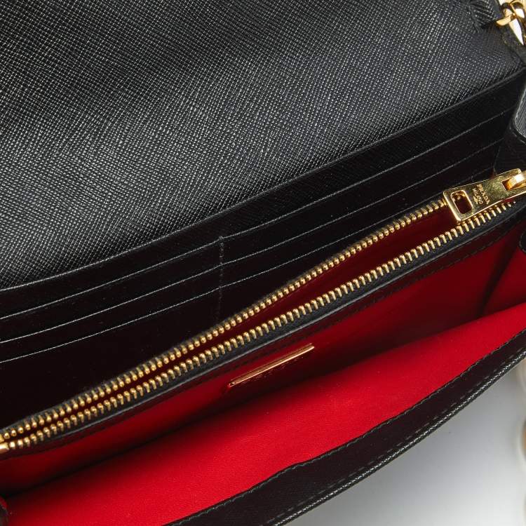 Pre Owned Prada Black Saffiano Lux Leather Metal Bar Flap Clutch