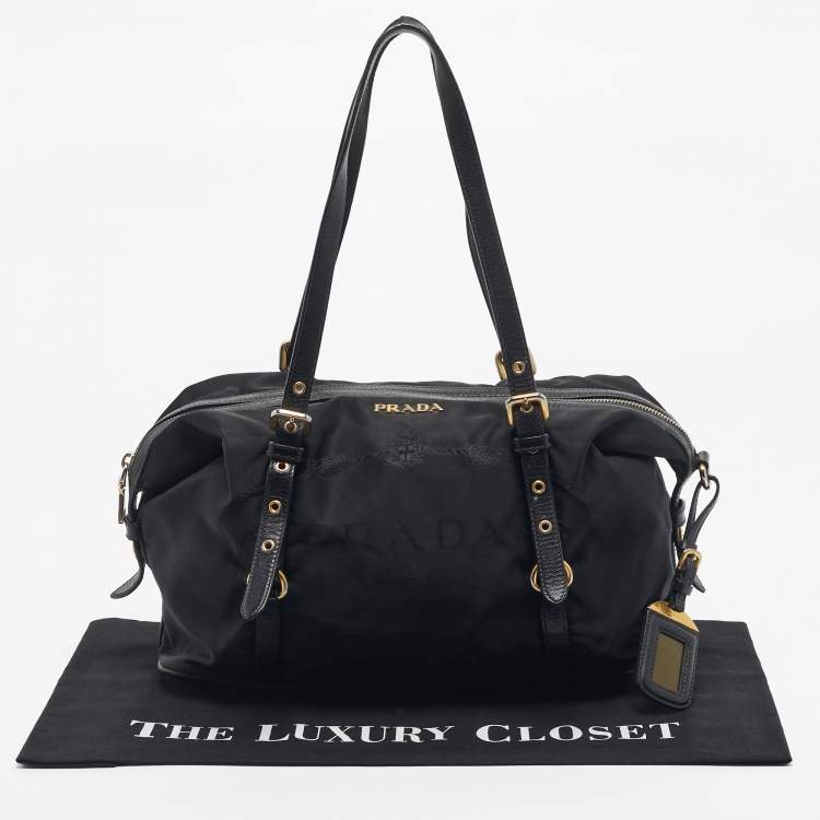 Pre Owned Prada Black Leather and Nylon Logo Buckle Satchel