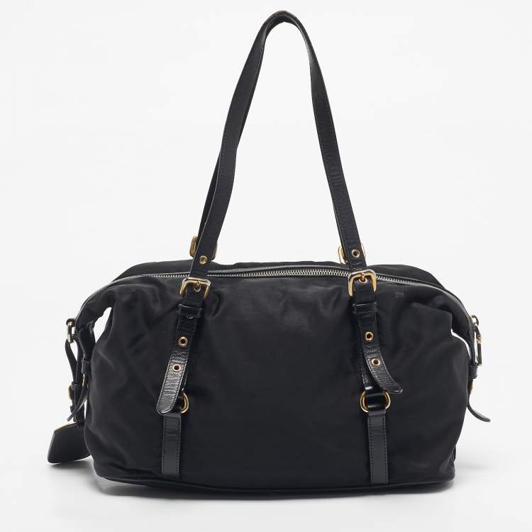 Pre Owned Prada Black Leather and Nylon Logo Buckle Satchel