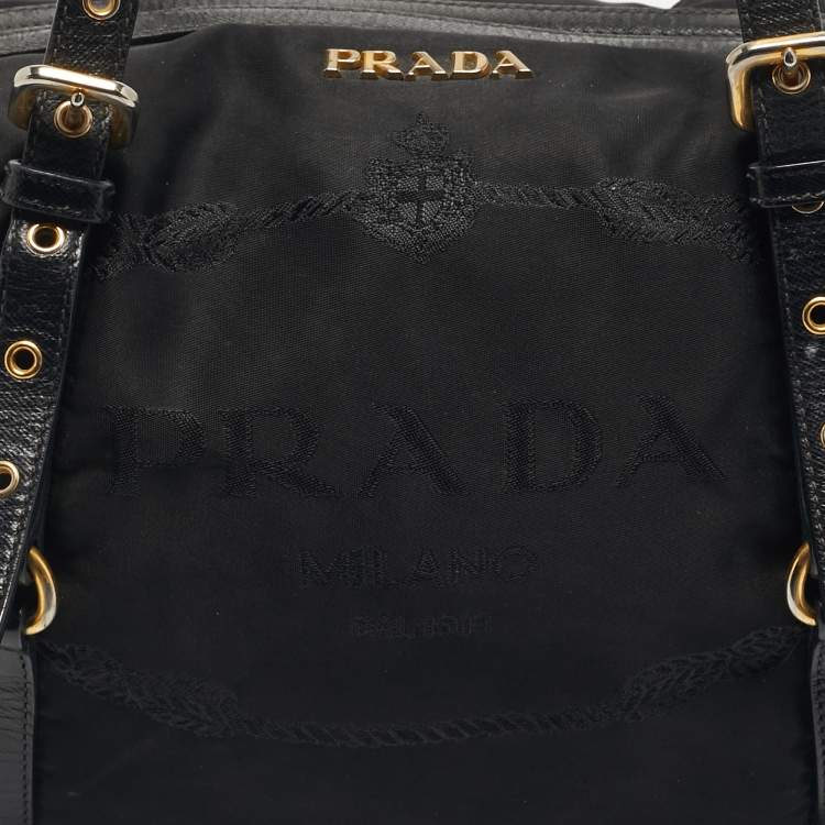 Pre Owned Prada Black Leather and Nylon Logo Buckle Satchel