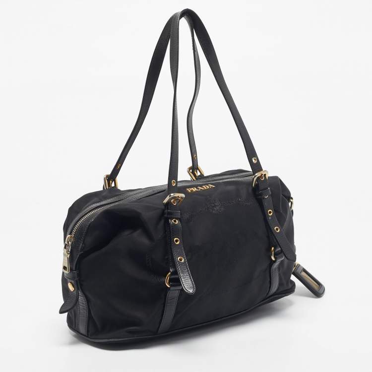 Pre Owned Prada Black Leather and Nylon Logo Buckle Satchel