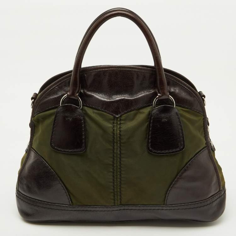 Pre Owned Prada Olive Green/Dark Brown Nylon and Leather Bauletto Bowler Bag