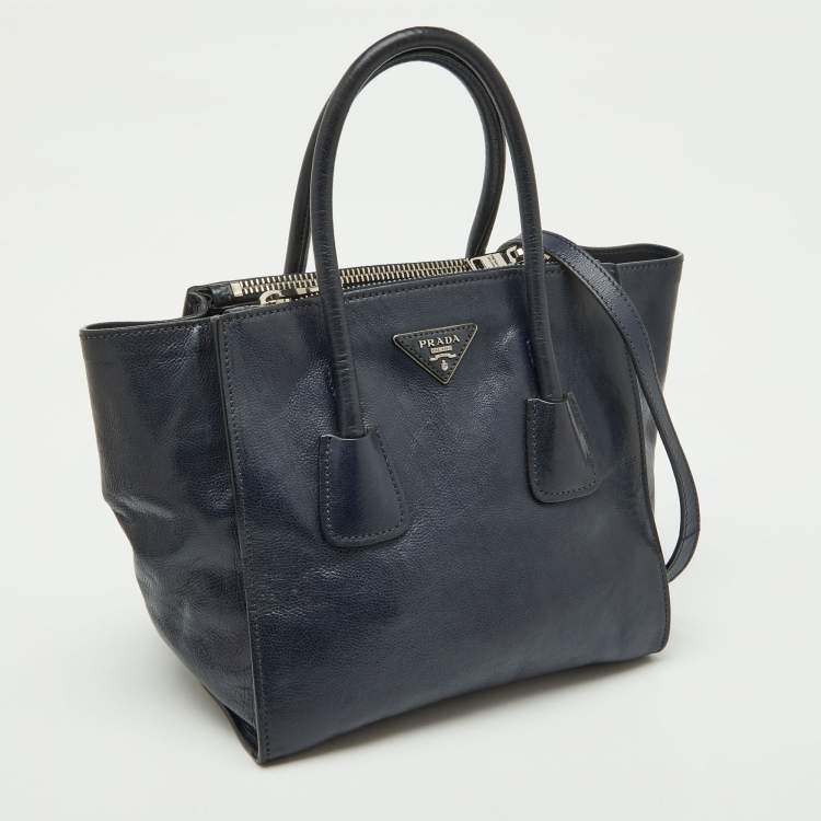 Pre Owned Prada Navy Blue Leather Small Twin Pocket Tote