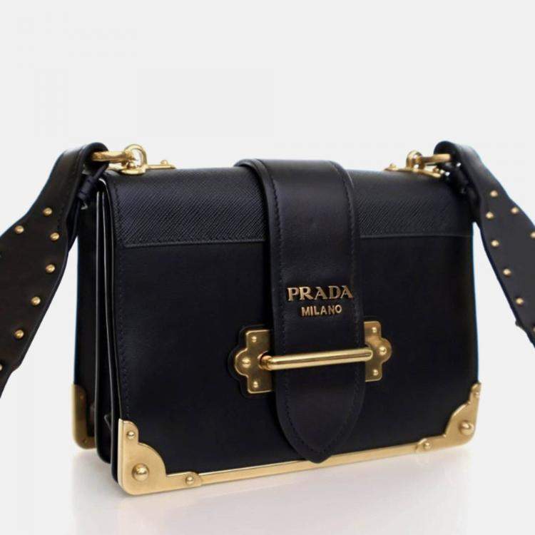 Pre Owned Prada Cahier Small Black Saffiano and Calfskin Shoulder Bag