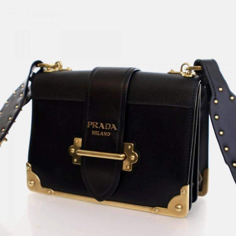 Pre Owned Prada Cahier Small Black Saffiano and Calfskin Shoulder Bag