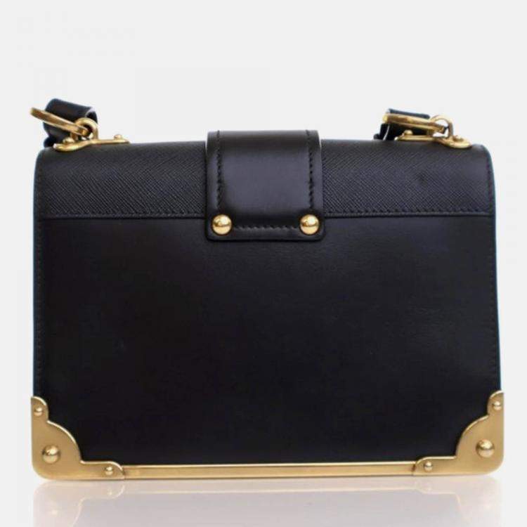 Pre Owned Prada Cahier Small Black Saffiano and Calfskin Shoulder Bag