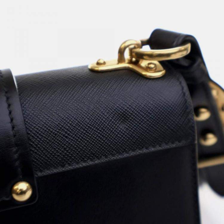 Pre Owned Prada Cahier Small Black Saffiano and Calfskin Shoulder Bag