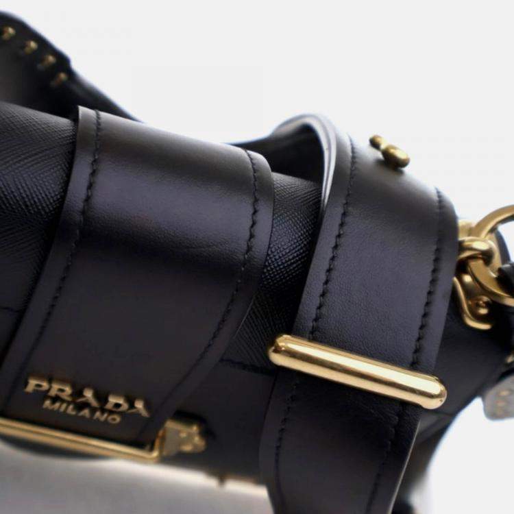 Pre Owned Prada Cahier Small Black Saffiano and Calfskin Shoulder Bag