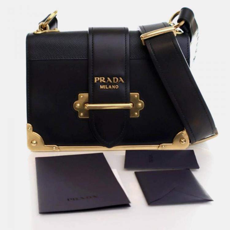 Pre Owned Prada Cahier Small Black Saffiano and Calfskin Shoulder Bag