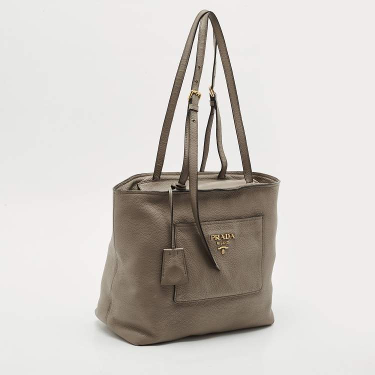 Pre Owned Prada Grey Vitello Daino Leather Zip Tote