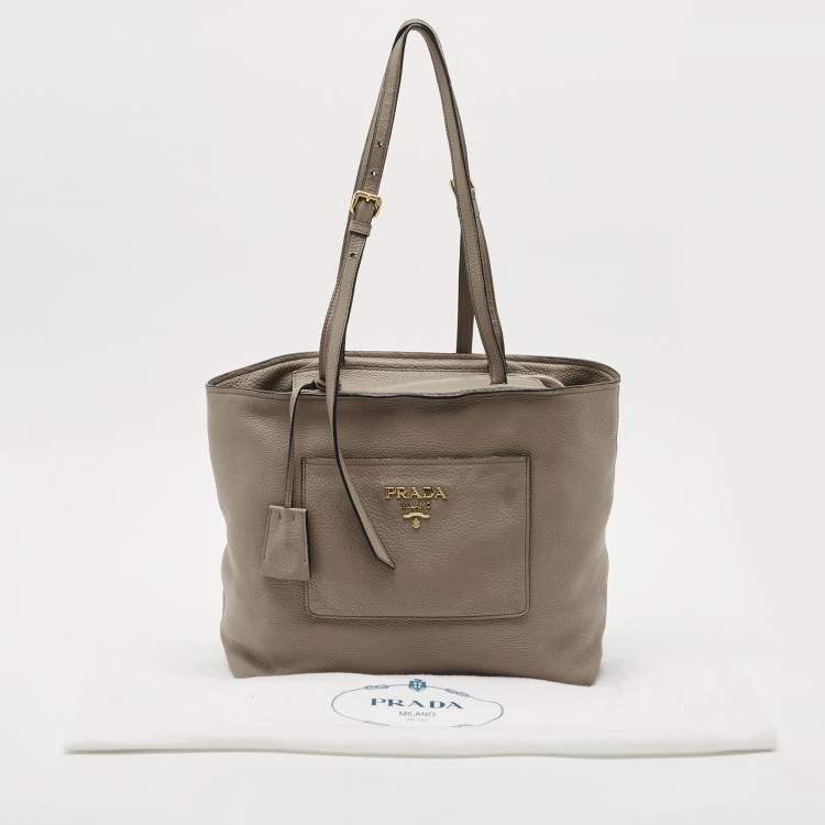 Pre Owned Prada Grey Vitello Daino Leather Zip Tote