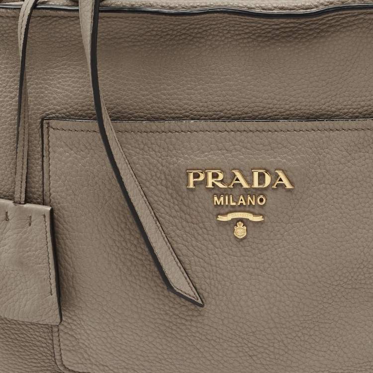 Pre Owned Prada Grey Vitello Daino Leather Zip Tote