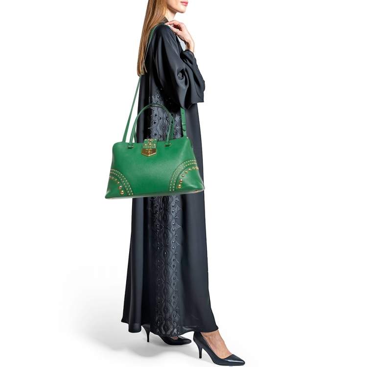 Pre Owned Prada Green Saffiano Leather Promenade Studded Satchel