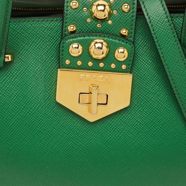 Pre Owned Prada Green Saffiano Leather Promenade Studded Satchel