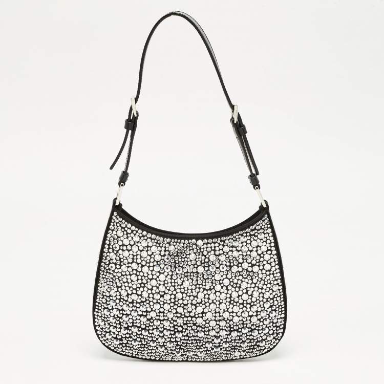 Pre Owned Prada Black Satin Crystal Embellished Cleo Shoulder Bag