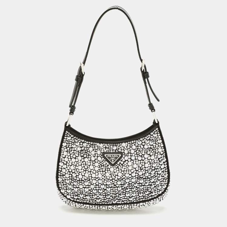 Pre Owned Prada Black Satin Crystal Embellished Cleo Shoulder Bag