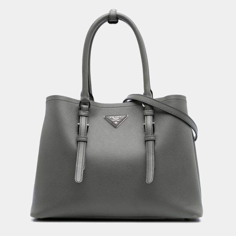 Pre Owned Prada Grey Medium Saffiano Cuir Double Satchel