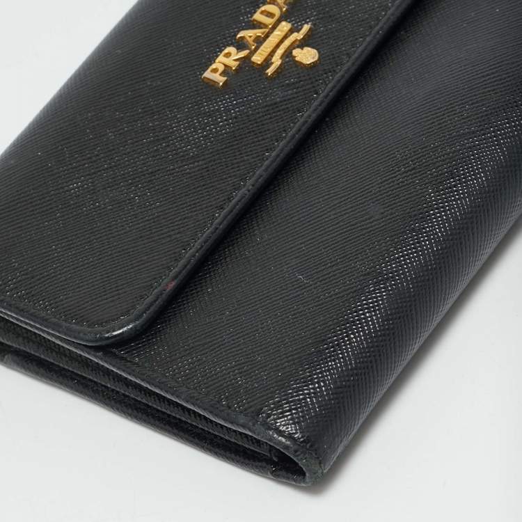 Pre Owned Prada Black Saffiano Lux Leather Logo Trifold Wallet