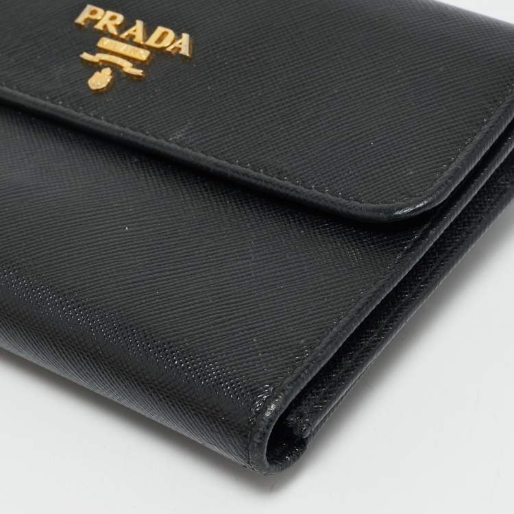 Pre Owned Prada Black Saffiano Lux Leather Logo Trifold Wallet