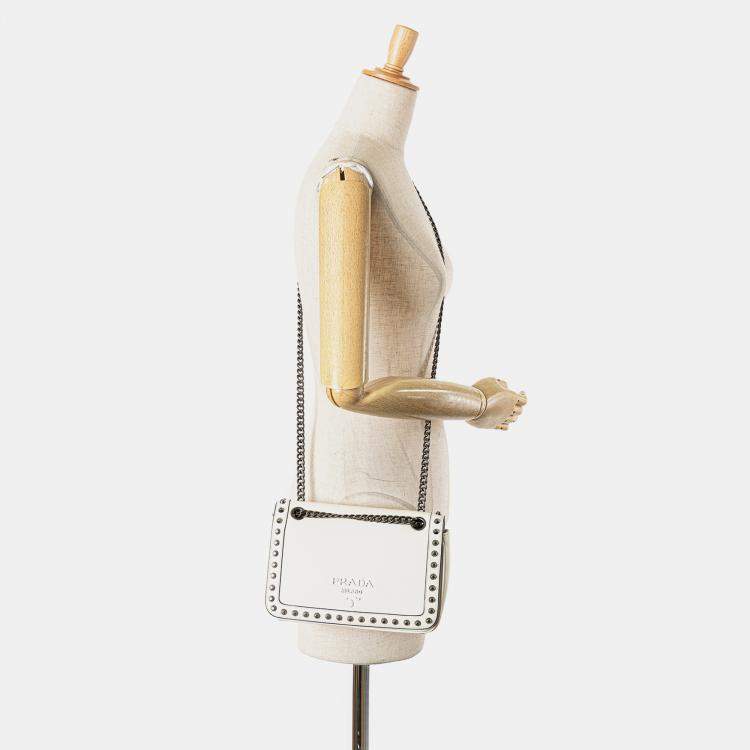 Pre Owned Prada White Glace Calfskin Studded Crossbody