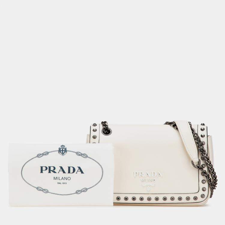 Pre Owned Prada White Glace Calfskin Studded Crossbody