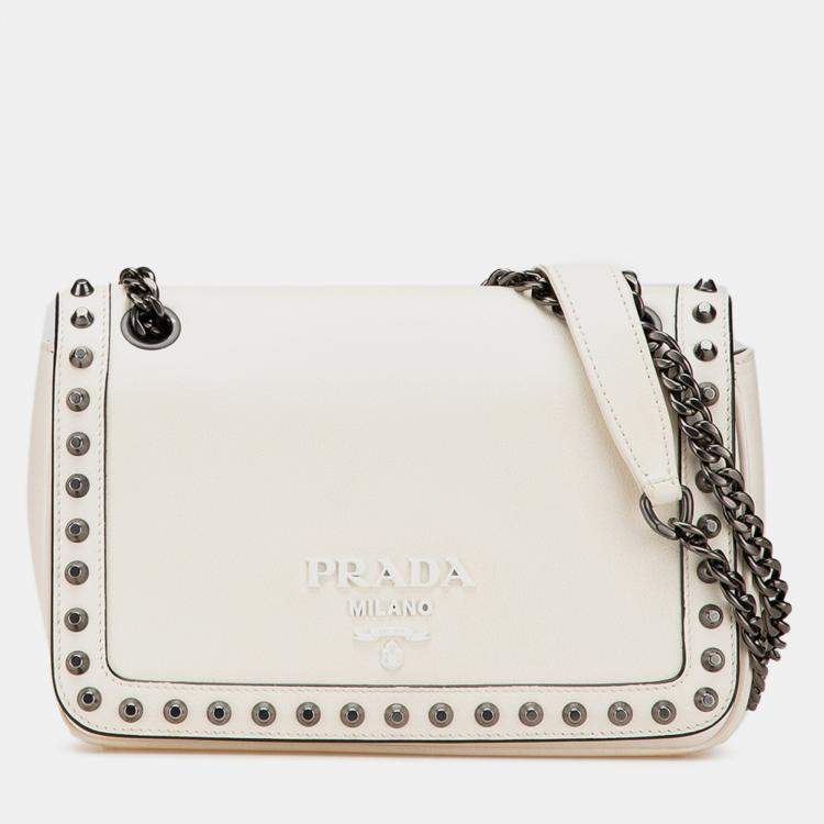Pre Owned Prada White Glace Calfskin Studded Crossbody