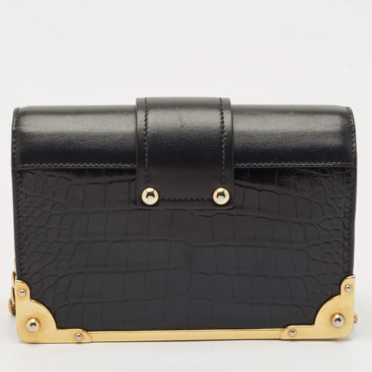 Pre Owned Prada Black Crocodile and Leather Cahier Chain Clutch