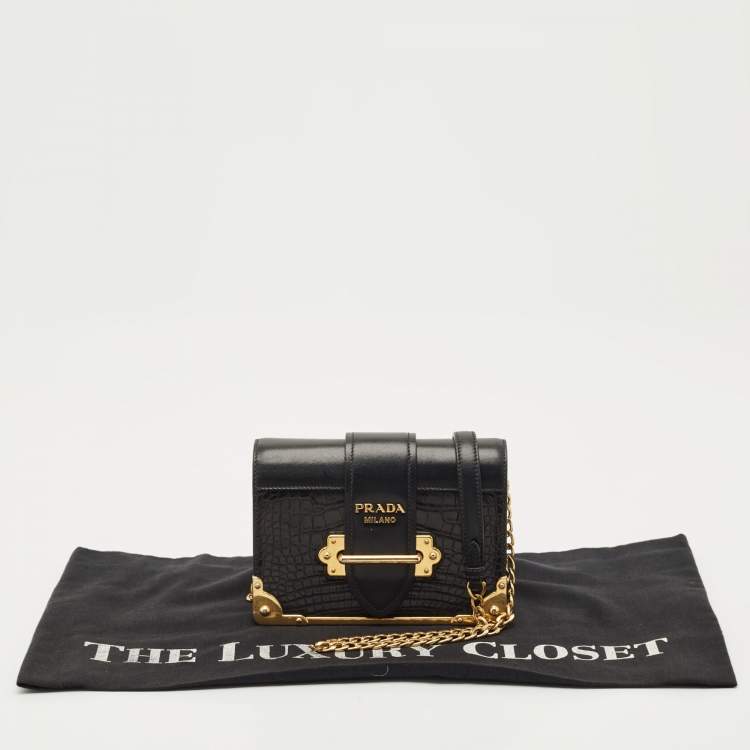 Pre Owned Prada Black Crocodile and Leather Cahier Chain Clutch