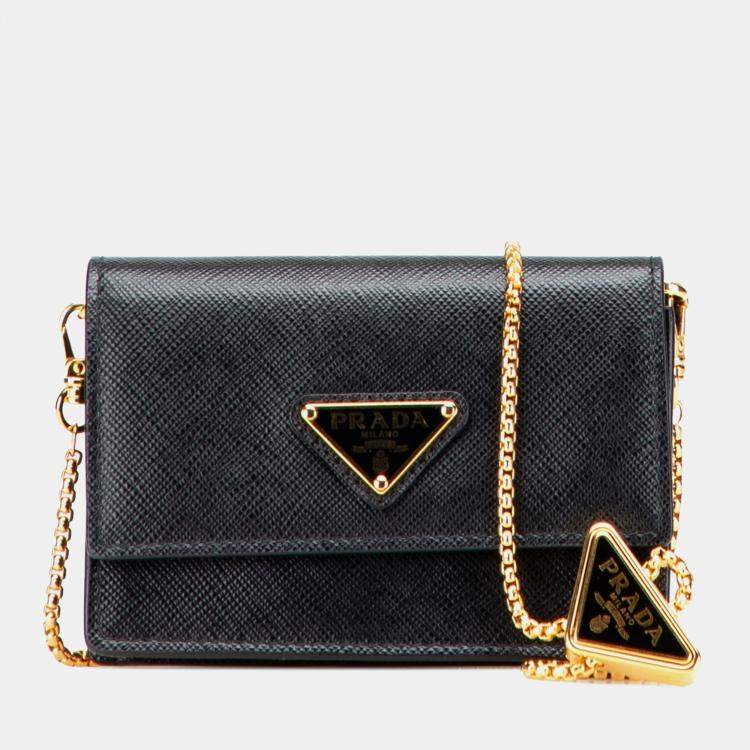 Pre Owned Prada Black Saffiano Card Holder On Chain