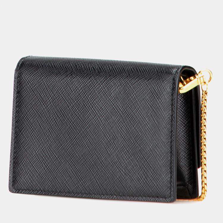 Pre Owned Prada Black Saffiano Card Holder On Chain
