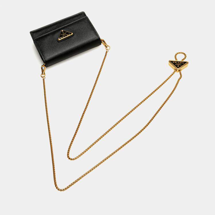 Pre Owned Prada Black Saffiano Card Holder On Chain
