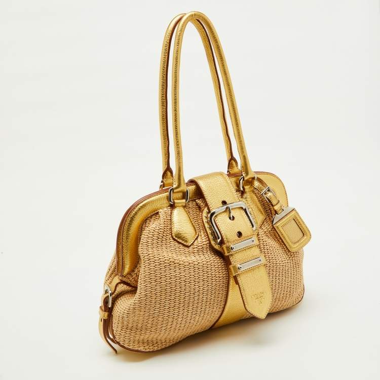 Pre Owned Prada Beige/Gold Woven Raffia and Leather Satchel
