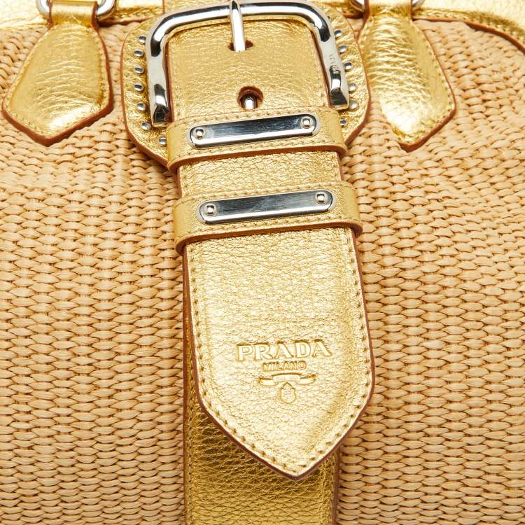 Pre Owned Prada Beige/Gold Woven Raffia and Leather Satchel