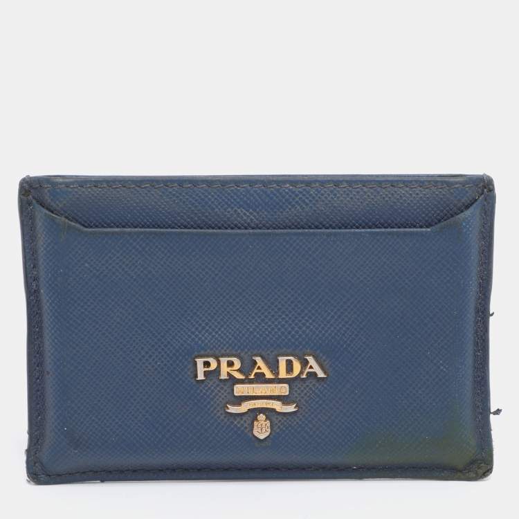 Pre Owned Prada Blue Saffiano Metal Leather Card Holder