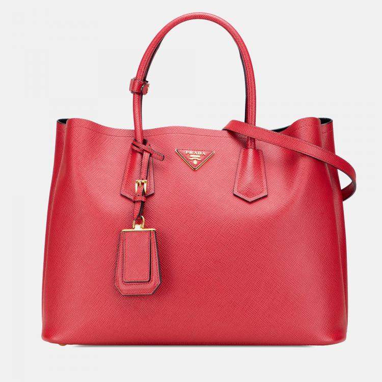Pre Owned Prada Red Medium Saffiano Cuir Double Satchel