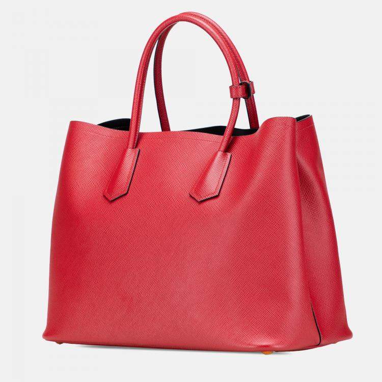 Pre Owned Prada Red Medium Saffiano Cuir Double Satchel