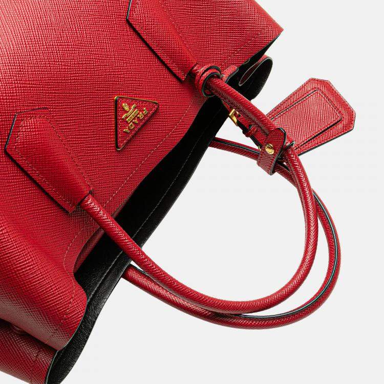 Pre Owned Prada Red Medium Saffiano Cuir Double Satchel