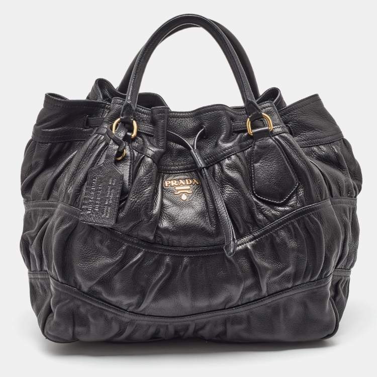 Pre Owned Prada Black Leather Cervo Drawstring Bag
