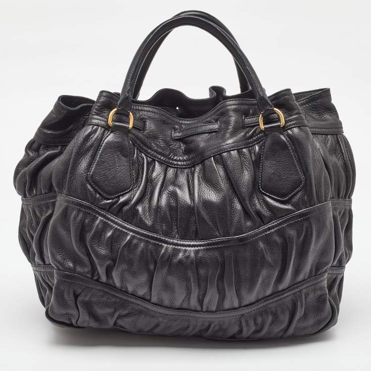 Pre Owned Prada Black Leather Cervo Drawstring Bag