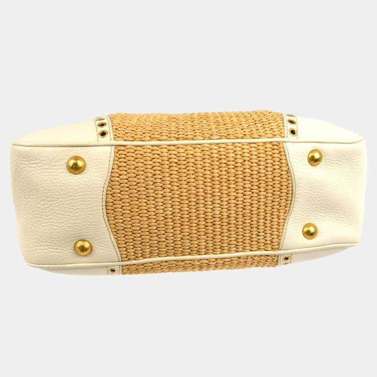 Pre Owned Prada White Beige Straw Handbag 
