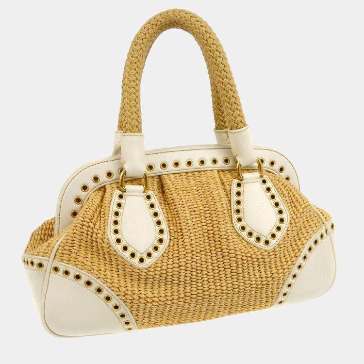 Pre Owned Prada White Beige Straw Handbag 