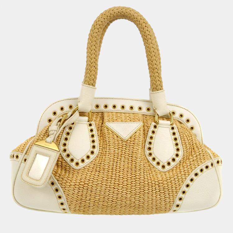 Pre Owned Prada White Beige Straw Handbag 