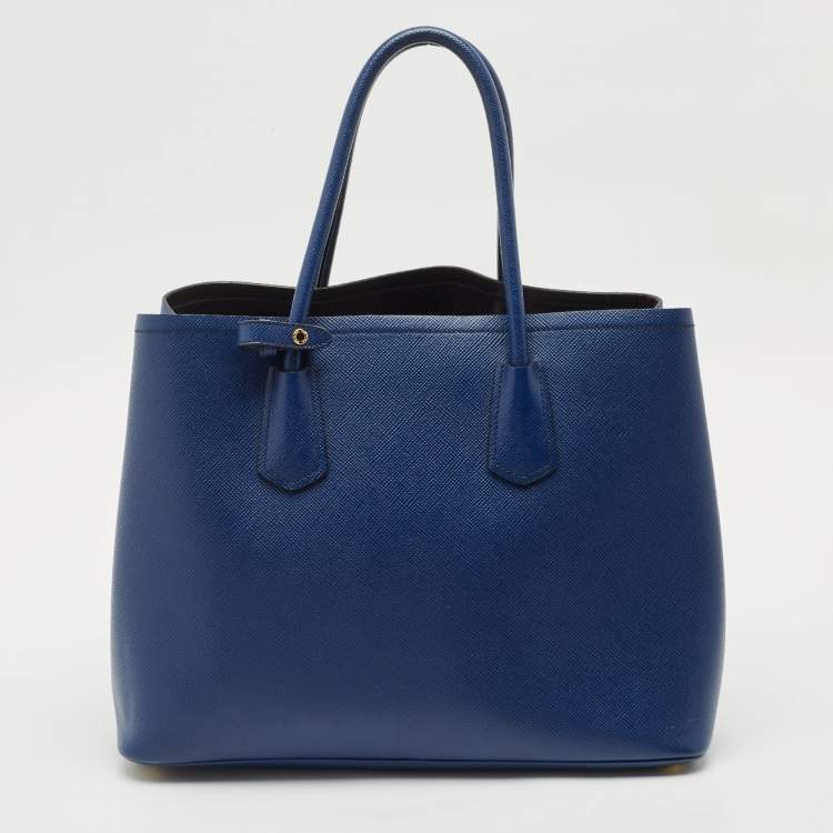 Pre Owned Prada Navy Blue Saffiano Cuir Leather Double Handle Tote