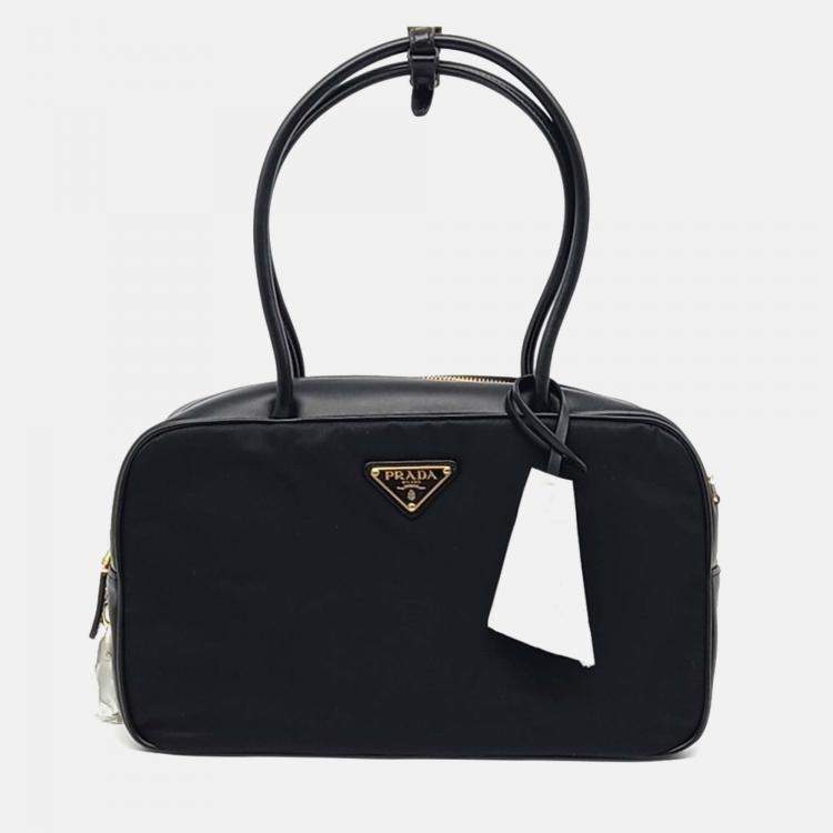 Pre Owned Prada Black Leather Re-Nylon Vitello Shoulder Bag