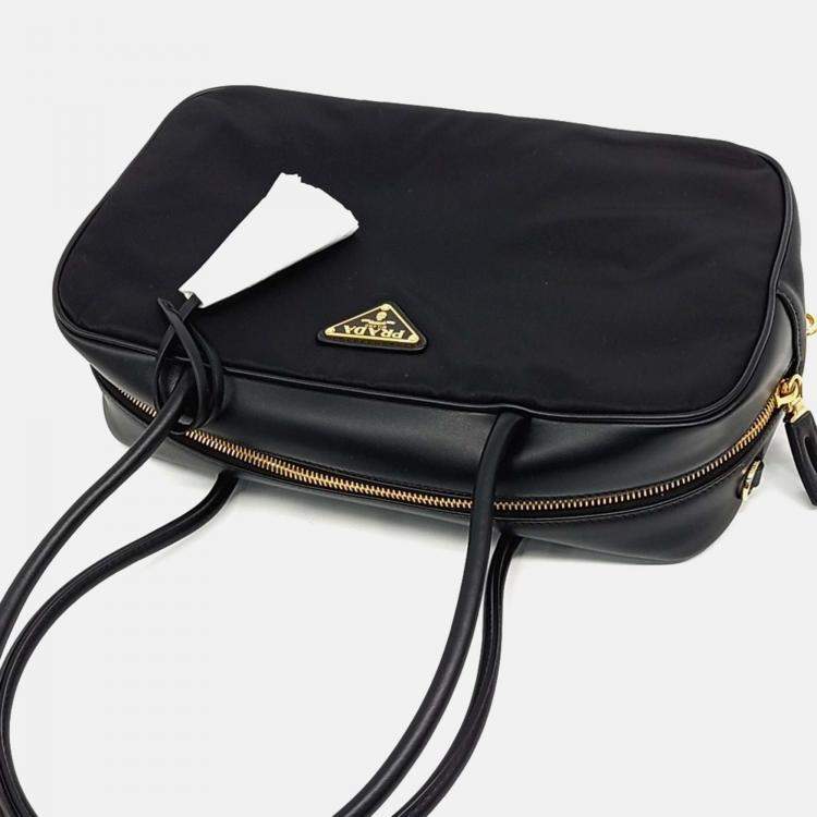 Pre Owned Prada Black Leather Re-Nylon Vitello Shoulder Bag
