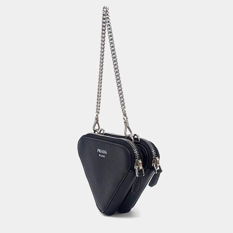 Pre Owned Prada Black Leather Saffiano Triangle Mini Pouch