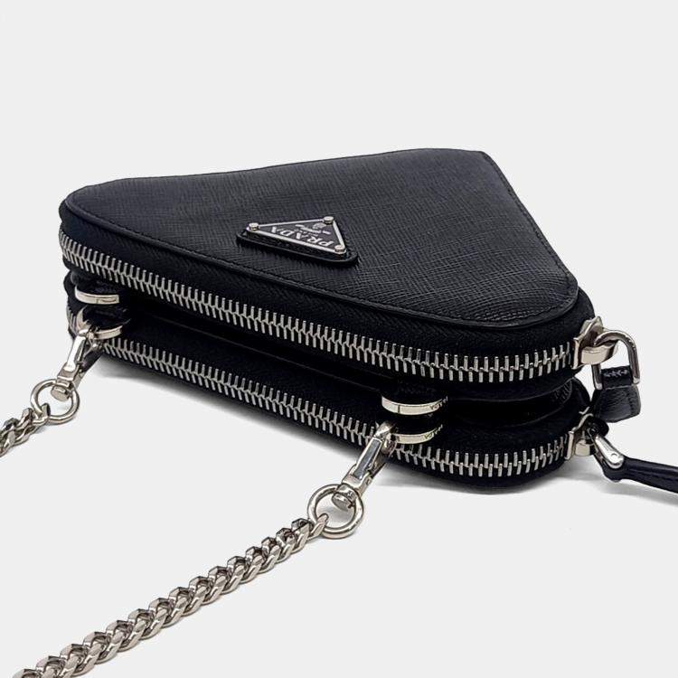 Pre Owned Prada Black Leather Saffiano Triangle Mini Pouch
